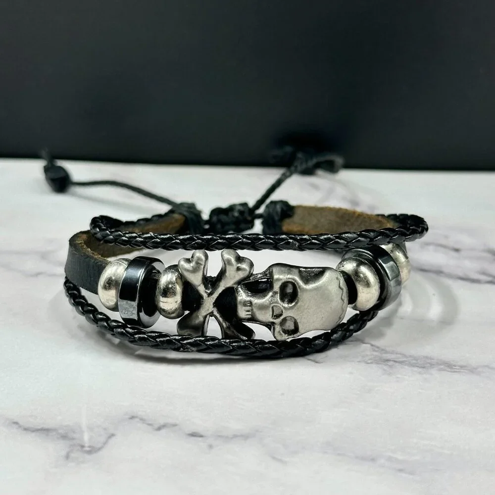 Mens Skull Cross Bracelet Leather Cord Metal Beads Adjustable Punk Biker